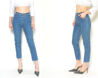 Blue Denim Jeans /Vintage 90's  High Waisted Straight Leg Blue Jeans   - Size  Small