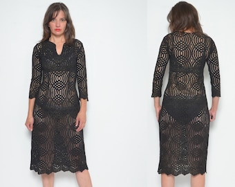 Abito midi in pizzo vintage anni '90: cotone nero trasparente, taglia XS