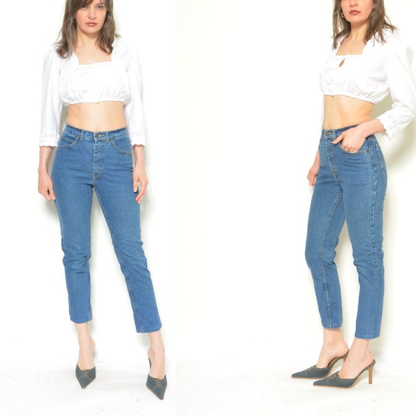 Blue Denim Jeans /Vintage 90's  High Waisted Straight Leg Blue Jeans   - Size  Small