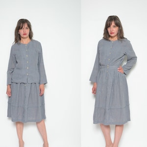 Vintage 80s Linen Blend Skirt Suit: Gray High Waist Midi, Size Small
