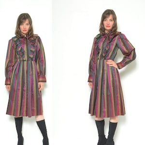 Vintage 80s Striped Puff Sleeve Dress / Vintage Ruffled Fitted Waist Iridescent Midi Dress - Size XS