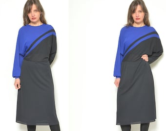 Color Blocking 80s Dress / Vintage Long Sleeve Flared - Size Large