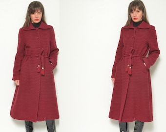 80s Wool Button Coat / Vintage Collared Winter Ribbed Belt Long Burgundy Red Cape Jacket - Size Small Medium