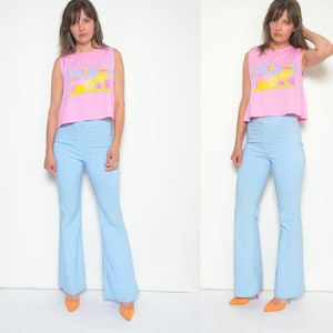 Vintage 2000s Light Blue Bell Bottom Pants - High Waist Flared Trousers