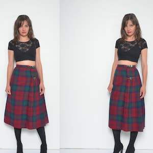80s Tartan High Waisted Pleated Skirt / Vintage Wool 1980s Wrap Up Plaid Winter Long Skirt  - Size Extra Small