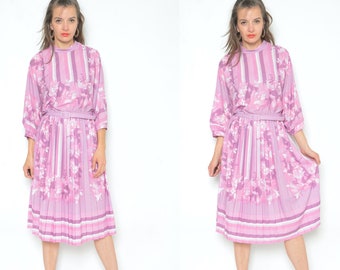 80s Vintage Floral Print Dress: Pleated Pink Midi, Size L