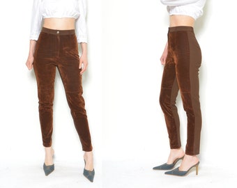 Pantalon taille haute en velours côtelé vintage des années 90 - Jambe fuselée marron - Taille S