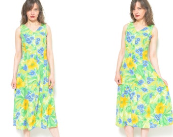 Robe boutonnée à fleurs / robe d'été sans manches longue vintage des années 90 à fleurs - Taille S