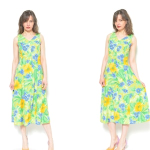 Floral Button Dress / Vintage 90&#39;s Sleeveless Maxi Flower Print Sundress - Size Small