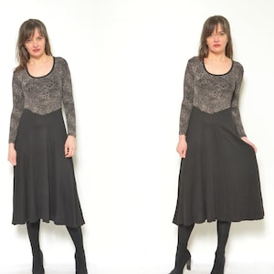 Vintage 90s Mid Calf Dress - Long Sleeve Floral Print Stretchy Dress - Size S XS