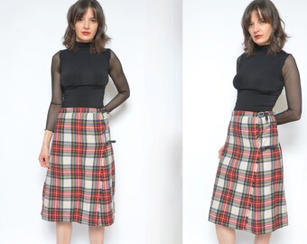 Tartan Wool Skirt / Vintage 80s Pleated Pleated High Waisted Midi Wrap Up Skirt - Size Large