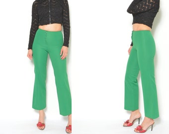 70s High Waist Pants / Vintage Bright Green Straight Leg Crimplene Trousers - Size Extra Small
