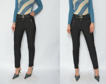 Buckle Ribbed Pants / Vintage 90s High Waist Zipper Stretchy Tight Tapered Leg Trousers - Size XS