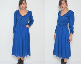 80s Knit Dress / Vintage Geometric Wool Long Sleeve Long Winter Dress - Size Small