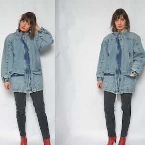 Acid Wash Denim Sherpa Jacket /Vintage 80s Jean Zipper Oversized Coat - Size Small