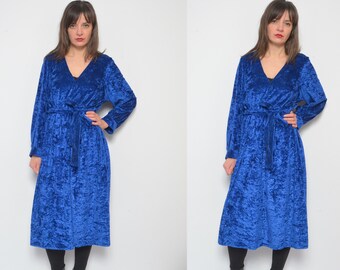 80s Vintage Blue Velvet Dress: Long Sleeve Tie Waist, Size Large