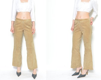 Real Suede Leather Pants / Vintage 00's Mid Waist Flared Leg Genuine Leather Wide Leg Trousers - Size Medium