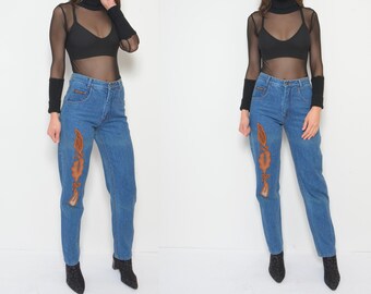 Embellished  Jeans / Vintage 80s Hight Waist Tapered Leg Denim Pants - Size Small