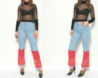 90s Embroidered High Waist Jeans / Vintage 1990s Acid Wash Embellished;lished Two Color Denim Pants - Size Small