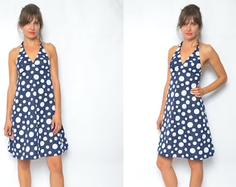 Polka Dot Kleid / Vintage 70er Jahre Neckholder ärmellose Midi Sommer Sonnenkleid - Größe klein