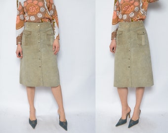 Snap Button Suede Leather Skirt / Vintage 1970s High Waist Real Suede Midi Beige Skirt - Small