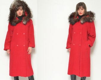 Wool Button Hooded Coat / Vintage 80s Oversized Red Loose Fit Long Maxi Winter Coat With Fur Hood Trim - Size Small