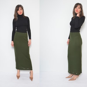 Maxi Knit Skirt / Vintage 90s Army Green Mid Sheer Long Straight Skirt - Size Small