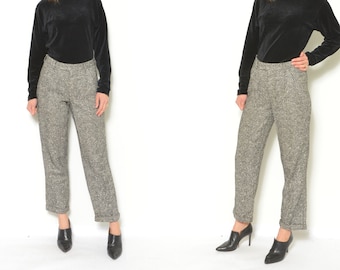 Front Pleated Wool Pants / Vintage 80s Chevron Pattern High Waist Tapered Leg pocket Trousers - Size Small