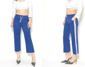 Sports  Pants Trainers / Vintage 80s Glossy Blue Center Creased  Straight Leg Cropped Trousers - Size Small