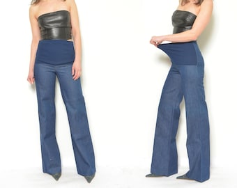 Vintage 80er Jahre Umstandsjeans mit weitem Bein - Hohe Taille Elastischer Bauch Zentrum Zerknittert Größe S