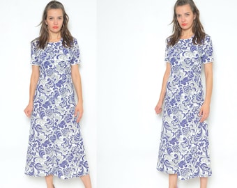Vintage 80s Floral Midi Dress: Sheer Abstract Print, Size Large