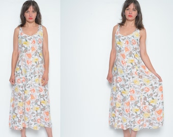 Vintage 90er Jahre Floral Maxi Kleid: Pastellfarbenes Ärmelloses Baumwoll Sommerkleid, Größe L