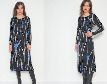 Abstract Print Maxi Dress / Vintage 80s Long Sleeve Glossy Black Multi Color Maxi Fitted Waist Dress - Size Medium