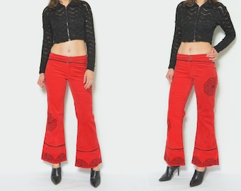 Velvet Flared Pants / 2000's Low Waist Bell Bottom Floral Pattern Trousers - Size Small