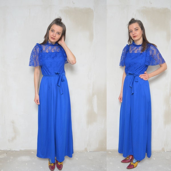 Spitzenkleid / Vintage 70er Jahre Langarm Hellblau Maxi Long Boho Kleid - Größe Extra Klein