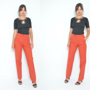 Linen Front Pleated Pants / Vintage 80s High Waisted Straight Leg Brick Red Summer Trousers - Size Small