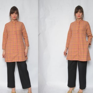 Plaid Wool Coat /Vintage 80&#39;s Colorful Pink Snap Button Long Jacket - Size Small