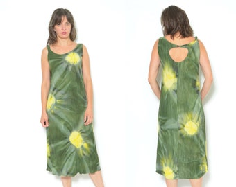 90s Vintage Tie Dye Maxi Dress: Sleeveless Rayon Sundress, Keyhole Back