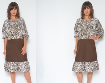 Traje vintage de los 80 con falda y estampado de leopardo: blusa con volantes y falda de cintura alta (talla M)