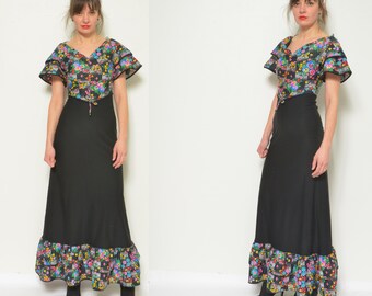 70s Ruffled Floral Dress / Vintage 70s Wide SleeveColorful Fitted  Maxi Long Bohemian Dress - Size Extra Small