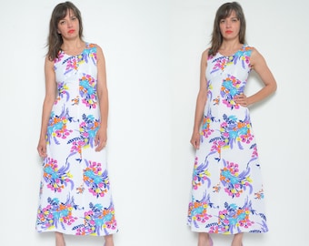 Vintage 70s Floral Maxi Dress - Bohemian Sleeveless Long Dress - Size S