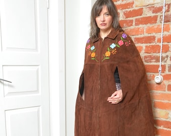 Vintage jaren 70 geborduurde suèdeleren cape poncho met rits - maat S/M