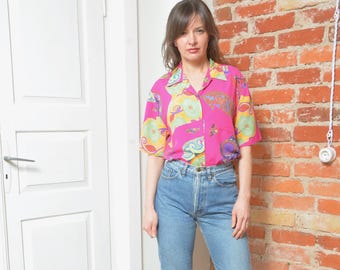 Vintage 90s Geometric Abstract Colorful Button Blouse / Size Small