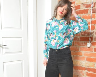 Vintage 80-tals blus med blommig knapp och satin - storlek Medium