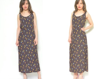 90s Floral Maxi Dress / Vintage Sleeveless Tulip Pattern Dress - Size Large Medium