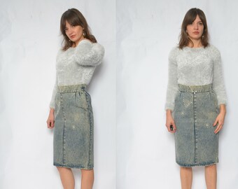 Vintage 80s Acid Wash Denim Skirt: High Waist Studded Jean Midi - Small