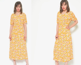 Robe longue fleurie vintage des années 90 : robe d'été boutonnée orange brûlé, petite taille