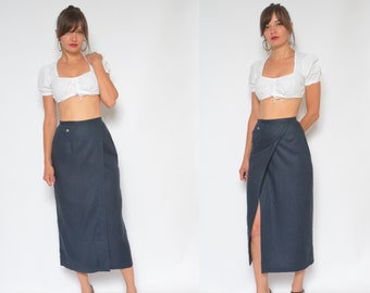 Vintage 90s Linen Maxi Skirt: Dark Blue High Waist, Size XS
