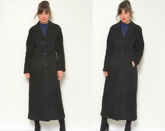 90s Vintage Collared Wool Coat - Classic Button Long Maxi Jacket - Size Small