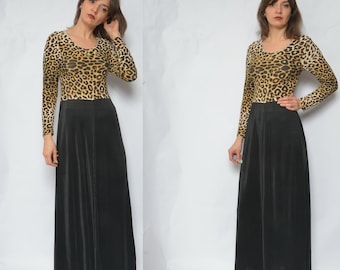 Leopard Sheer Long Dress / Vintage 90s See Through Long Sleeve Color Blocking Animal Print Maxi Dress - Size Medium